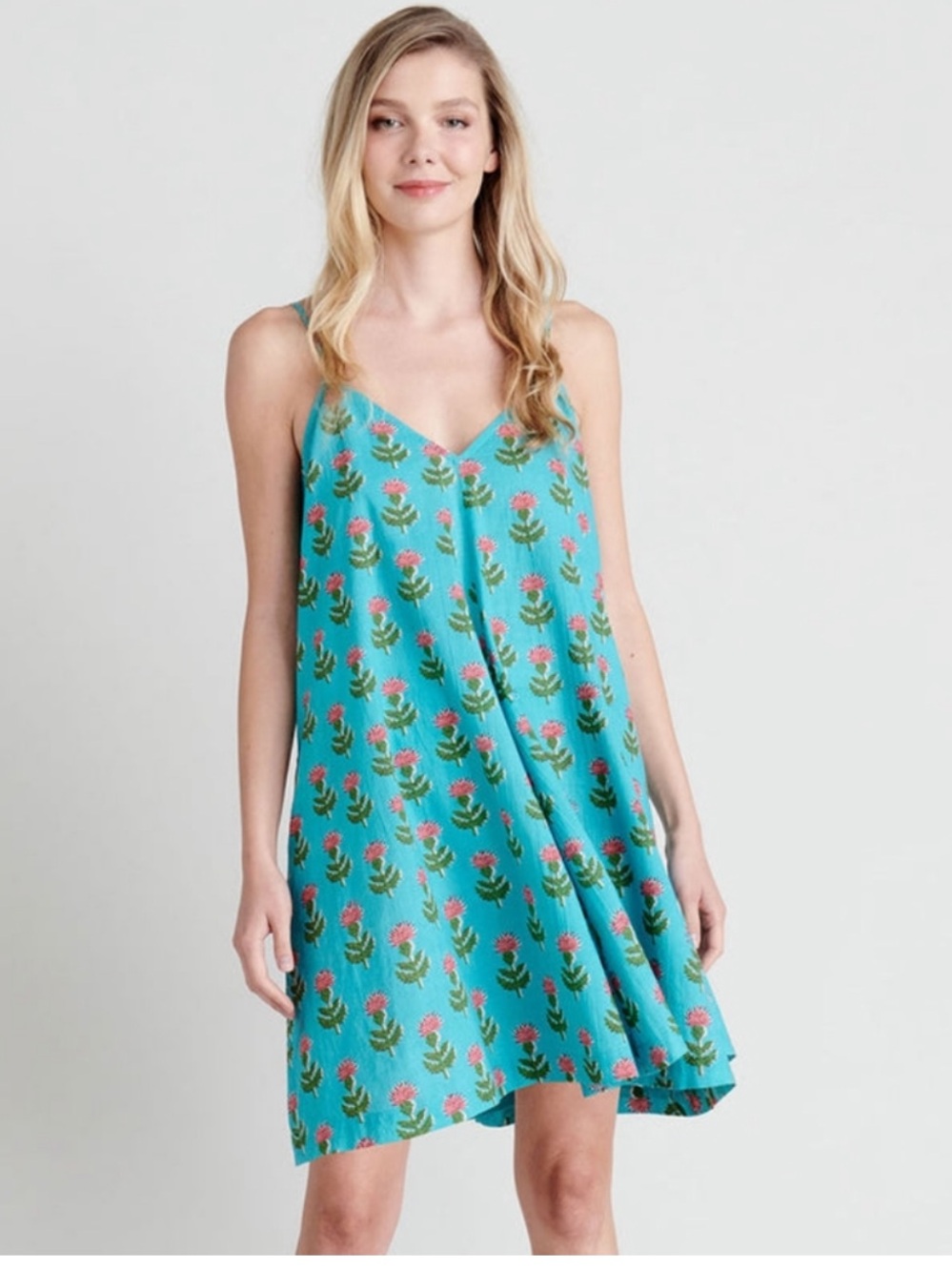 Pink Chicken Women's Short Sterralda Dress Turquoise Blue Cornflower Block Print
